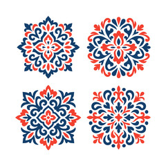 Blue and Red Folk Ornament. Eastern European Design