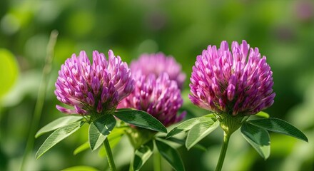 Close-up of vibrant red clover flowers blooming in a lush green meadow on a sunny day.
