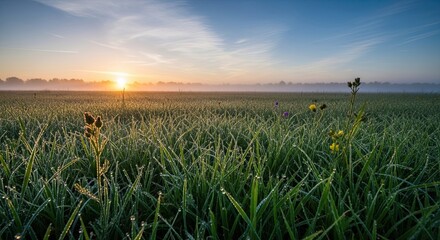 Golden sunrise over a misty green field with dew-kissed grass and wildflowers.