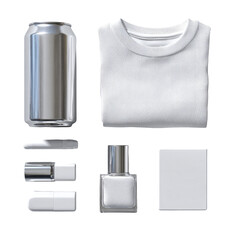 Shiny can, shirt, flashdrives, perfume, card, all white on black