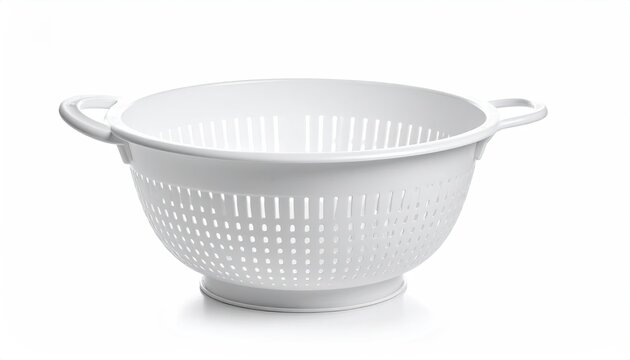 White plastic colander with holes, isolated on white