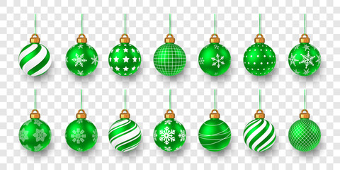 Naklejka na ściany i meble Christmas Balls Ornaments Set With Green Glossy Decorations, Snowflakes, Stars, And Stripes Isolated On Transparent Background. Festive Holiday Design. Vector Illustration