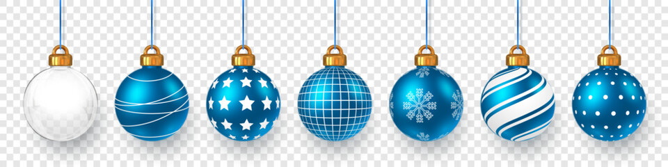 Naklejka na ściany i meble Blue And White Christmas Balls With Golden Caps Hanging On Transparent Background. Realistic Festive Holiday Ornaments For Winter Celebration Design. Vector Illustration