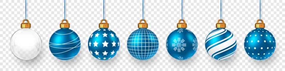 Fototapete Wohnzimmer Blue And White Christmas Balls With Golden Caps Hanging On Transparent Background. Realistic Festive Holiday Ornaments For Winter Celebration Design. Vector Illustration  © Oleh
