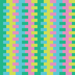 Pattern created from small mint, lime green, neon turquoise blue and lilac rectangles overlapping mint, lime green, neon turquoise blue and lilac stripes