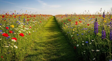 Idyllic wildflower meadow with a grassy path leading into the distance.