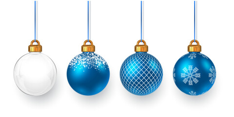 Obraz premium Blue Christmas Baubles With Golden Caps Hanging On Strings. Elegant Realistic Ornaments For Holiday, Winter, And New Year Decoration Designs. Clean Festive Look. Vector Illustration