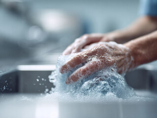 Fototapeta premium Hands washing with soapy water in a sink. Hygiene concept for cleanliness, health, and protection against germs. Illustrates care, prevention, and healthcare practices.