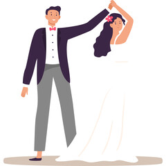 Happy Bride and Groom Dancing Together Joyfully on Their Wedding Day Wearing Elegant Attire White Dress and Tuxedo with Pink Flower Accent on Her Hair in a Flat Design Style