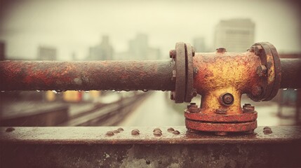 Rusty pipe with water droplets, featuring an orange valve, blurred city backdrop