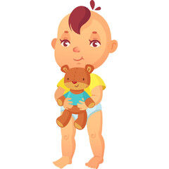 Happy Cartoon Baby Boy Holding A Teddy Bear With A Smiling Face and Dark Brown Hair Styled Up Wearing A Yellow Shirt and Blue Underwear On A Transparent Background