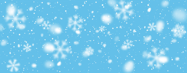 Falling Snow On Blue Background With Soft Glow And Blurred Snowflakes, Perfect For Winter, Christmas, And Holiday Design Projects. Vector Illustration