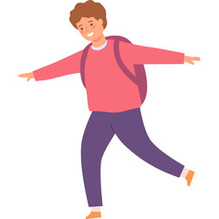 Happy Young Boy With Backpack Walking Joyfully Outdoors With Arms Outstretched In A Casual Pose Wearing A Pink Sweater And Purple Pants On A Transparent Background