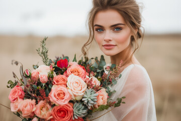 Naklejka premium Close Up Portrait of Woman with Freckles Holding Bouquet in Meadow