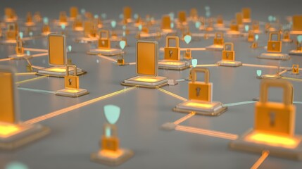 Digital security and encryption concept with interconnected glowing padlocks and shield icons representing cybersecurity protection and data privacy