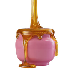 Honey pours over a pink pot, drips down. Black background
