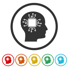 Face human technology logo sign. Set icons in color circle buttons