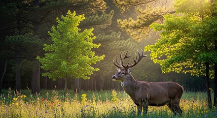 Majestic Stag Standing in Sunlit Forest Clearing.