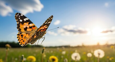 Painted Lady butterfly flying over a sunny meadow with dandelions.
