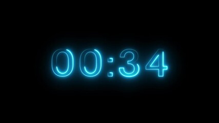 Neon 39 seconds countdown number animation. Countdown timer  animation from 39 to 0 seconds on black background.