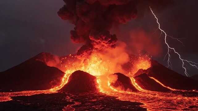 Volcanic Eruption with Fiery Lava Flow and Dramatic Lightning Strikes at Night.