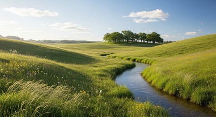 Serene Landscape - Winding River Through Green Hills and Distant Trees.