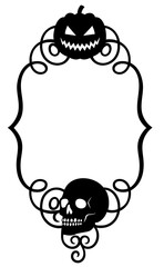 Halloween Pumpkin and Skull Frame — Ornamental Vertical Border with Curved Swirls, Evil Jack O’Lantern on Top and Human Skull at the Bottom, Spooky Invitation Layout