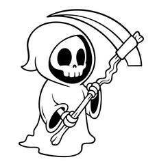 Death Reaper — young skeleton figure in hood with bone-handled scythe, walking between worlds as a guardian of souls on Halloween night