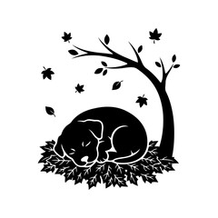 Vector art of sleeping puppy under tree in black and white