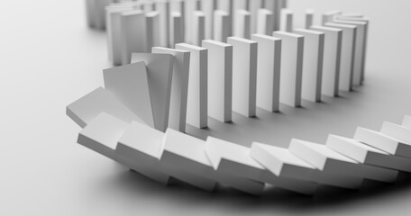 The Domino Effect: Close-up of a Winding Row of White Dominoes Toppling in a Chain Reaction. 3d rendering