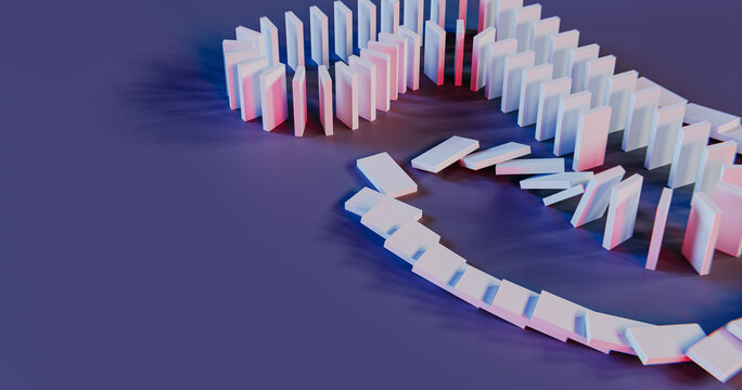 Domino Effect Concept: Chain Reaction of Falling Dominoes. 3d rendering