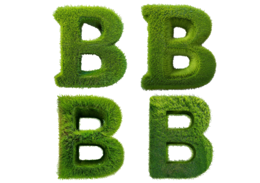 Set Grass font 3d rendering letter B isolated on a transparent or white background