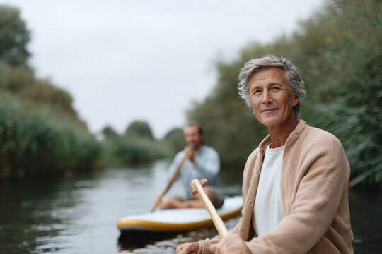 Active senior man paddling on a river, enjoying a healthy, outdoors lifestyle. Focus on wellbeing and connection with nature. Serene and peaceful scene. - Powered by Adobe