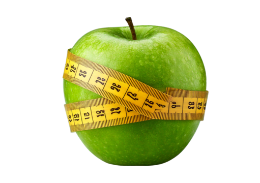 Green Apple with Measuring Tape - Healthy Diet, Weight Loss, Nutrition Concept isolated on transparent or white background