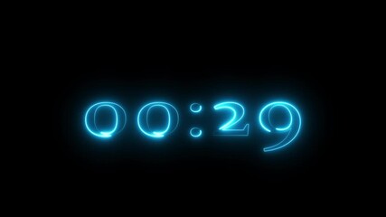 Neon 34 seconds countdown number animation. Countdown timer  animation from 34 to 0 seconds on black background.