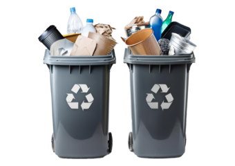 metal and plastic trash cans with garbage and paper waste isolated on transparent or white background