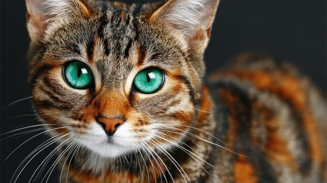 Striking close-up of a brown tabby cat with bright emerald eyes against a dark background