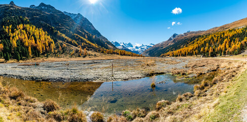 Autumnal view of the Roseg Valley, Switzerland, with trees and autumn colors.