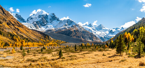 Autumnal view of the Roseg Valley, Switzerland, with trees and autumn colors.