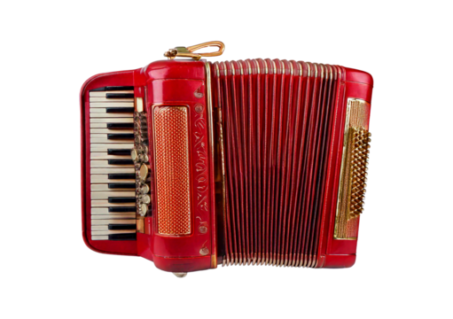 Old red accordion isolated on transparent or white background