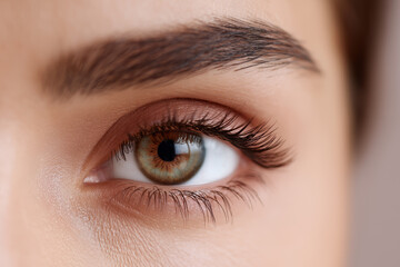 Fototapeta premium Close Up of Human Hazel Eye with Glittery Eyelashes and Defined Eyebrow On Neutral Tone Background