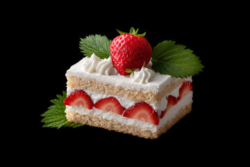 Strawberry Shortcake Slice with Whipped Cream on Black Backdrop