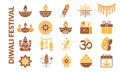 Abstract Diwali and Pooja Line Art Icons. Auspicious Hindu Ceremony Vector Collection.