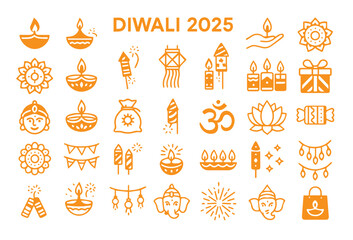 Indian Festival Icons: Diwali and Cultural Elements Vector Set.