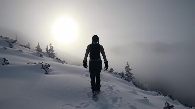 A lone figure treks through a snow-covered mountain range, silhouetted against a bright, hazy sky, embodying determination and the spirit of adventure.
