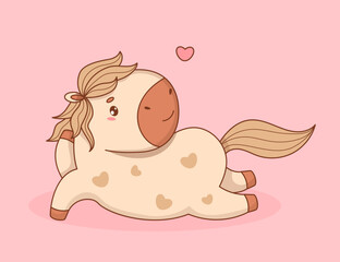 Cute Playful Reclining Horse with Heart. Romantic Funny Pony Kawaii Animal. Vector illustration. Not AI