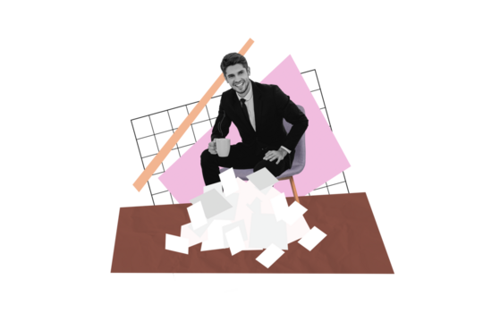 Composite creative art collage of happy businessman workaholic sit office chair paper documentation pile isolated on painted background