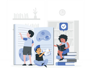 Children reading books in a library setting with bookshelves and planets education