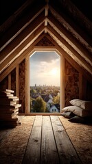 Fototapeta premium Unfinished attic room, wood beams, sunlit window view of houses and distant city