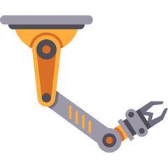 Industrial robotic arm with mechanical gripper in yellow and grey colors on a transparent background showing advanced manufacturing technology and automation processes